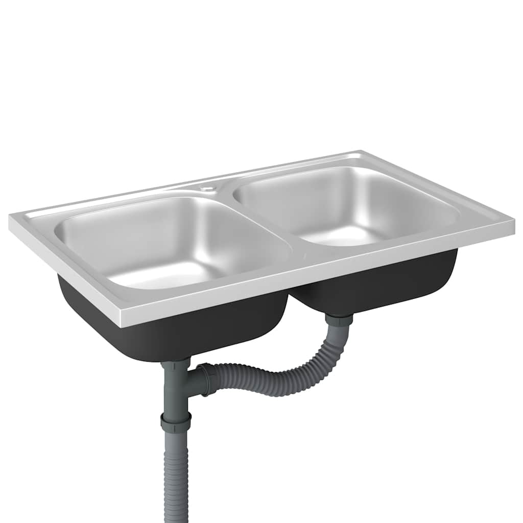 vidaXL Zlew kuchenny dwukomorowy, srebrny, 800x500x155 mm, stal