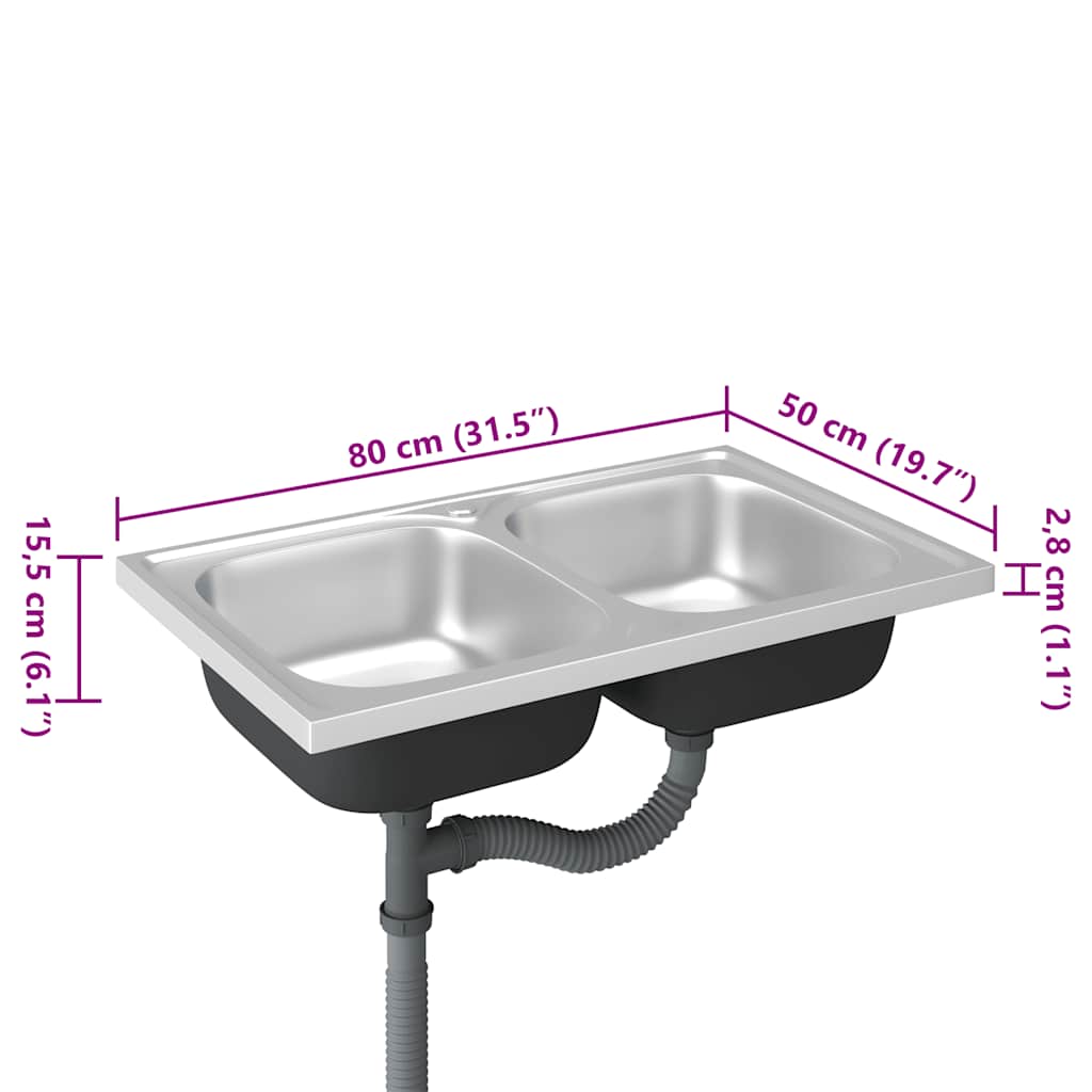 vidaXL Zlew kuchenny dwukomorowy, srebrny, 800x500x155 mm, stal