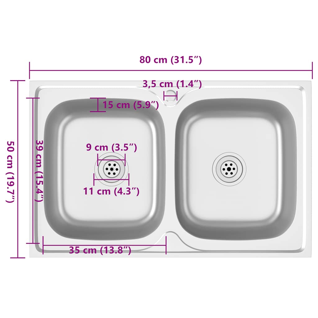 vidaXL Zlew kuchenny dwukomorowy, srebrny, 800x500x155 mm, stal