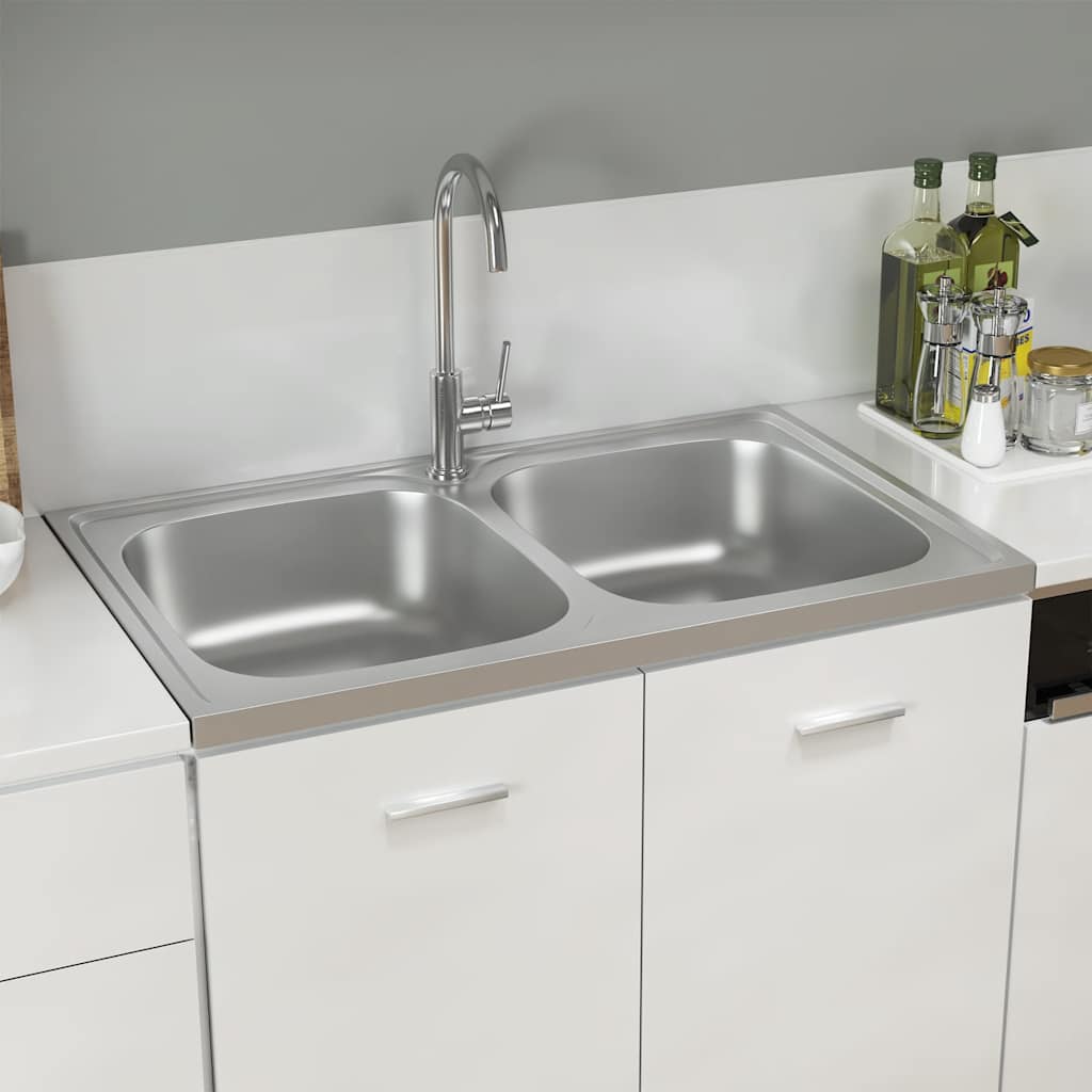 vidaXL Zlew kuchenny dwukomorowy, srebrny, 800x500x155 mm, stal