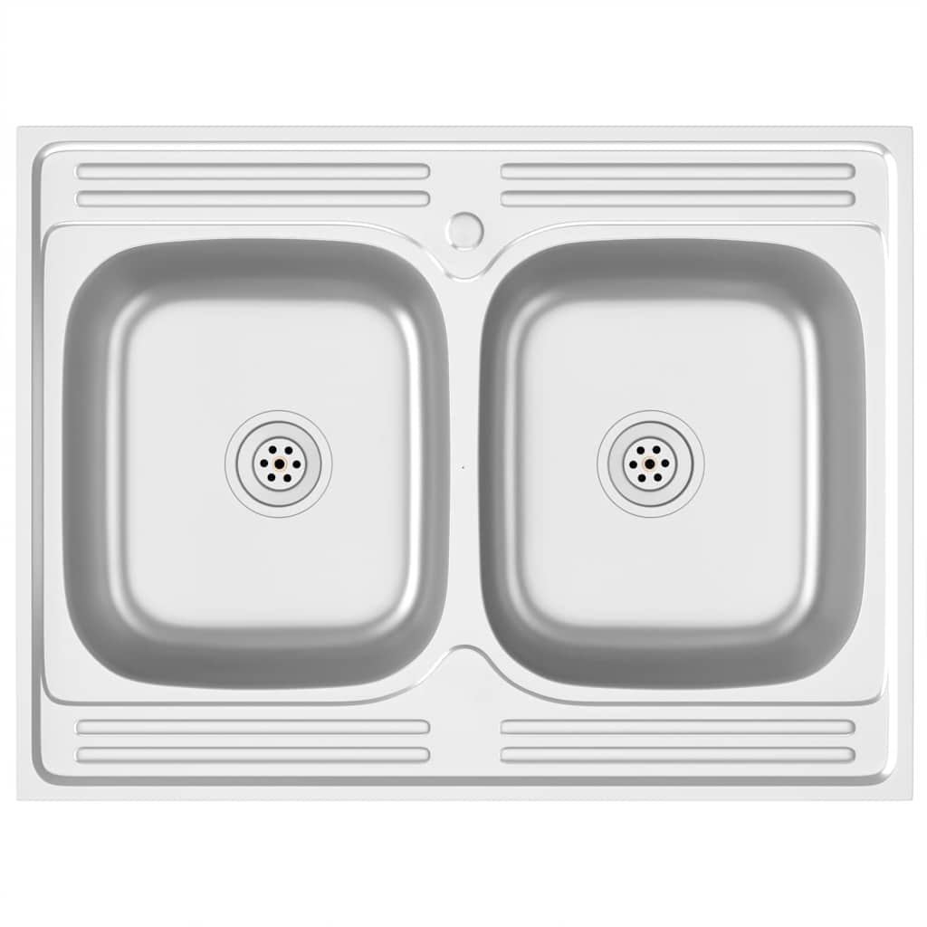 vidaXL Zlew kuchenny dwukomorowy, srebrny, 800x600x155 mm, stal