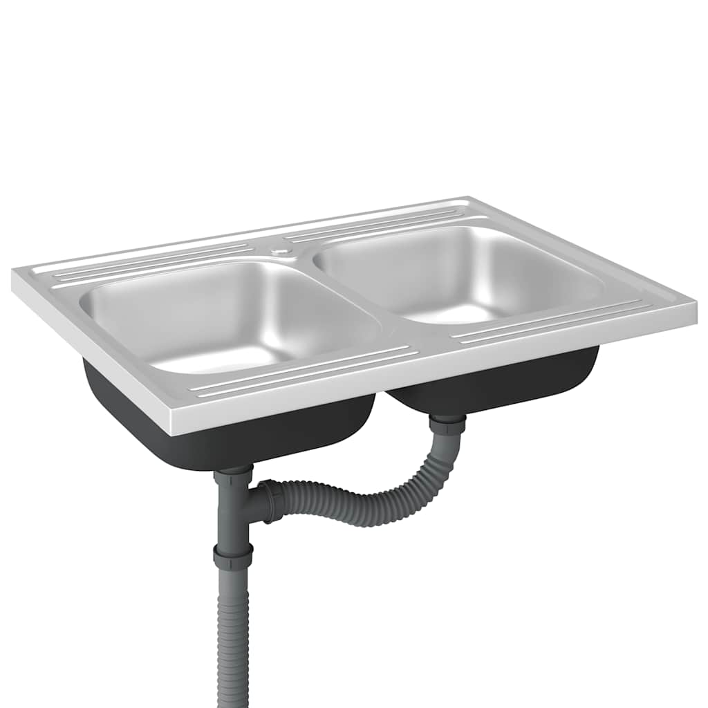 vidaXL Zlew kuchenny dwukomorowy, srebrny, 800x600x155 mm, stal