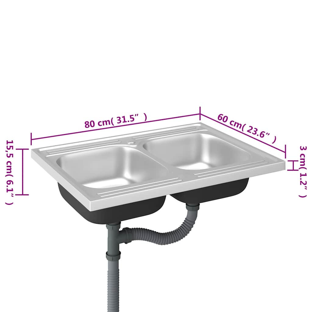 vidaXL Zlew kuchenny dwukomorowy, srebrny, 800x600x155 mm, stal