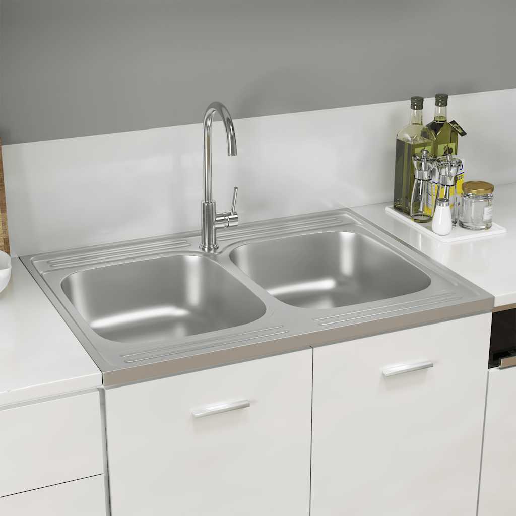 vidaXL Zlew kuchenny dwukomorowy, srebrny, 800x600x155 mm, stal