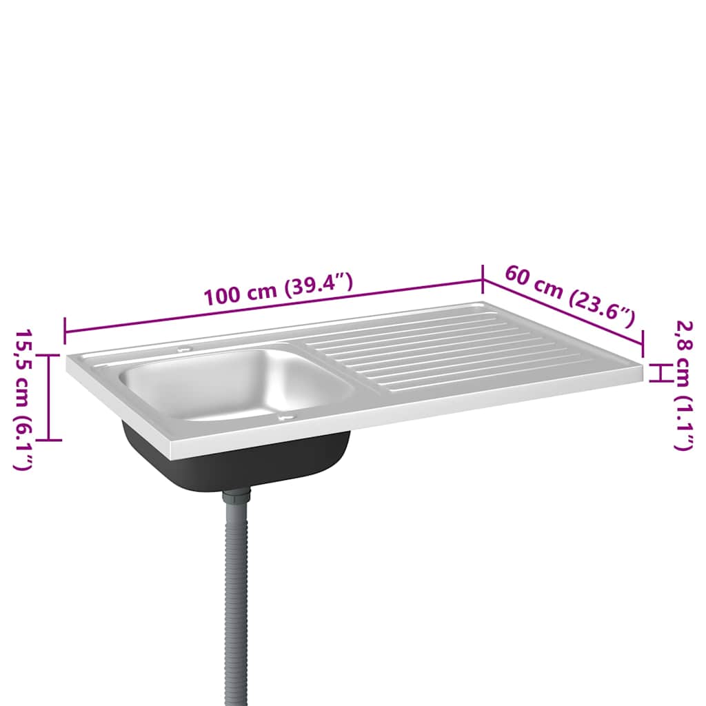 vidaXL Zlew kuchenny z ociekaczem, srebrny, 1000x600x155 mm, stal