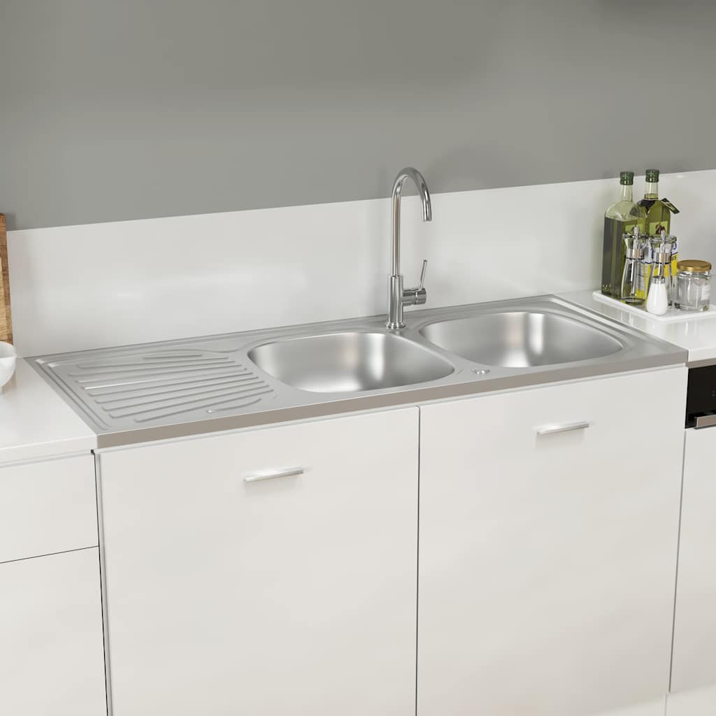 vidaXL Zlew kuchenny dwukomorowy, srebrny, 1200x500x155 mm, stal