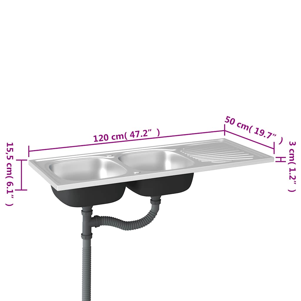 vidaXL Zlew kuchenny dwukomorowy, srebrny, 1200x500x155 mm, stal