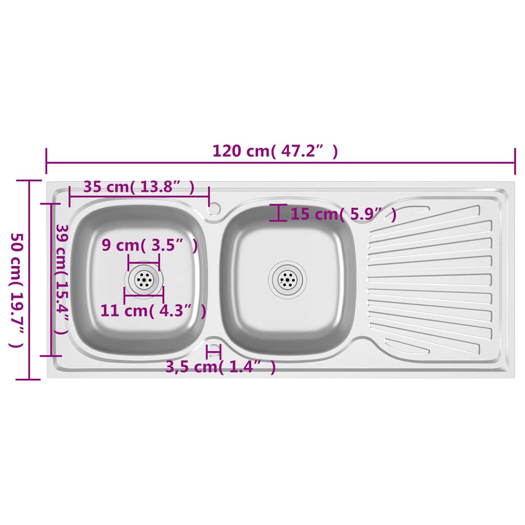 vidaXL Zlew kuchenny dwukomorowy, srebrny, 1200x500x155 mm, stal