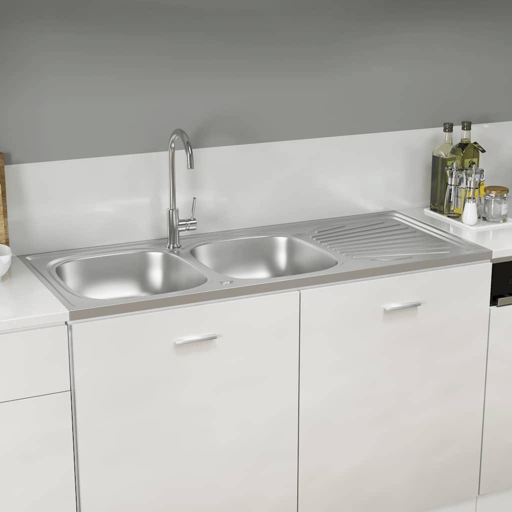 vidaXL Zlew kuchenny dwukomorowy, srebrny, 1200x500x155 mm, stal