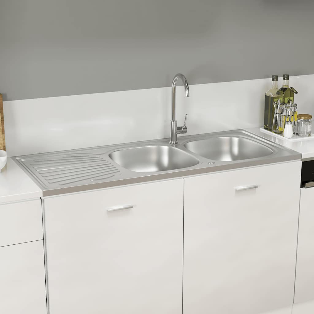 vidaXL Zlew kuchenny dwukomorowy, srebrny, 1200x600x155 mm, stal