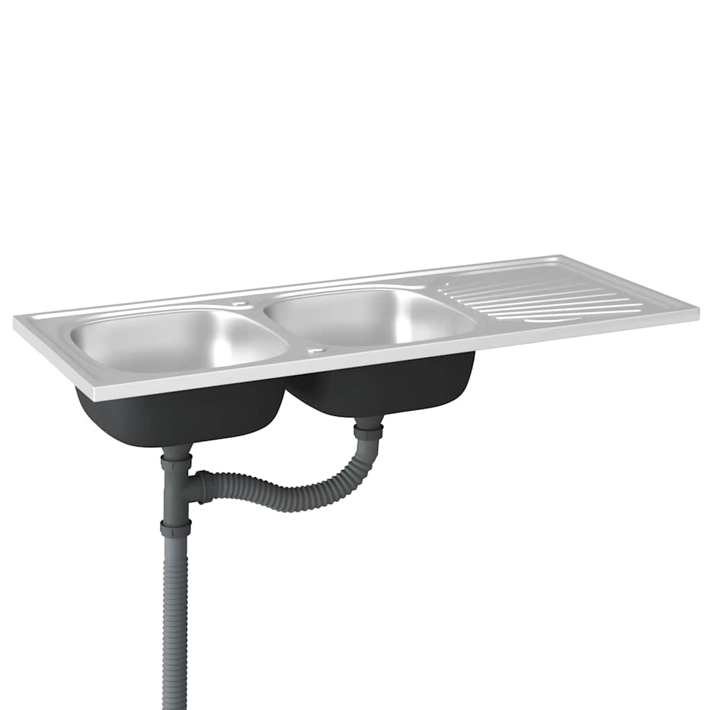 vidaXL Zlew kuchenny dwukomorowy, srebrny, 1200x600x155 mm, stal