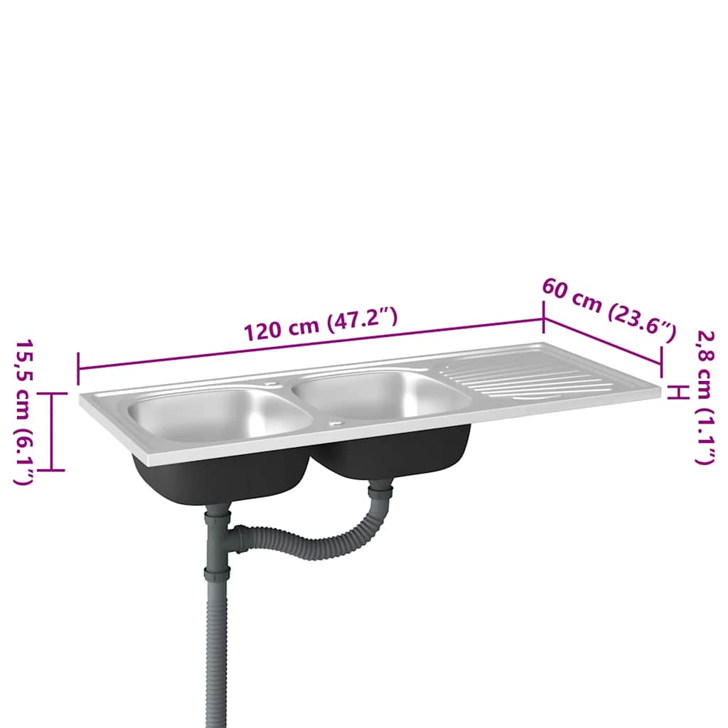 vidaXL Zlew kuchenny dwukomorowy, srebrny, 1200x600x155 mm, stal