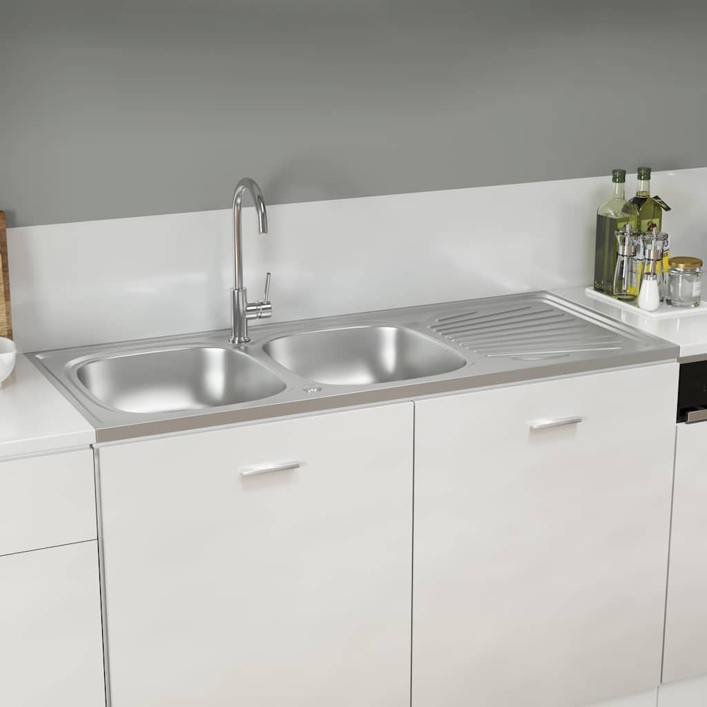 vidaXL Zlew kuchenny dwukomorowy, srebrny, 1200x600x155 mm, stal