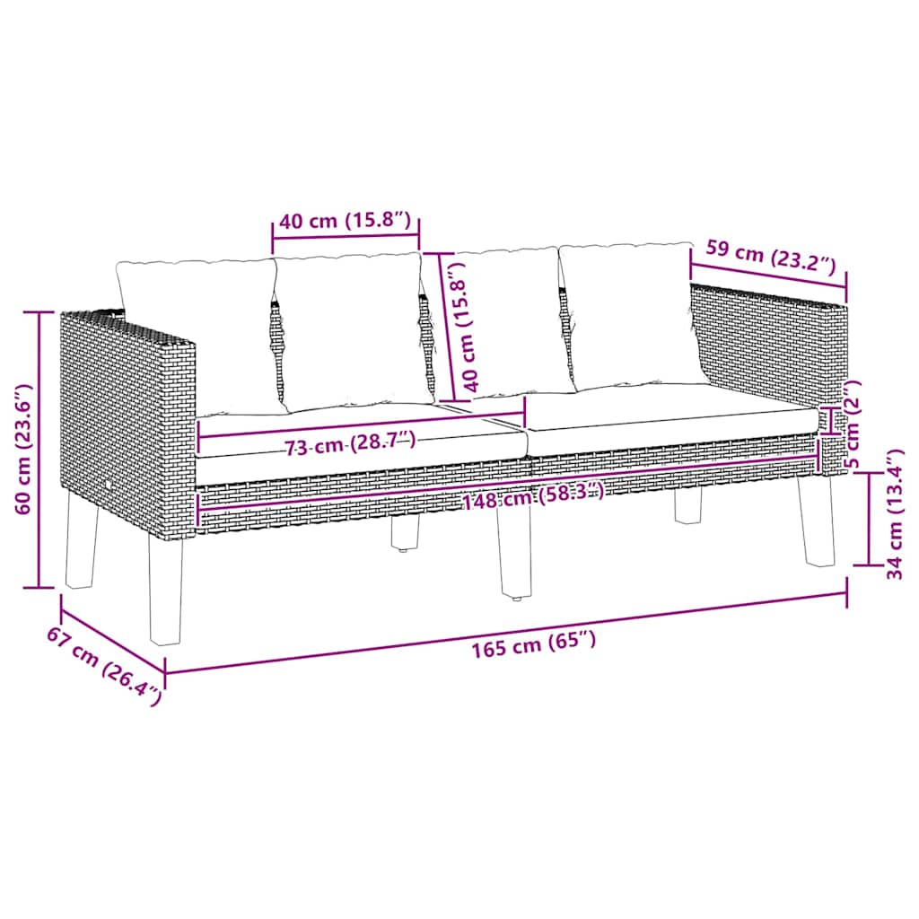 vidaXL 2-osobowa sofa ogrodowa z poduszkami, rattan PE, czarny