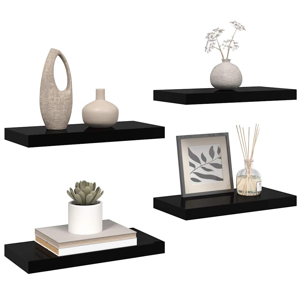 vidaXL Półki ścienne, 4 szt., wysoki połysk, czarne, 50x23,5x3,8 cm, MDF