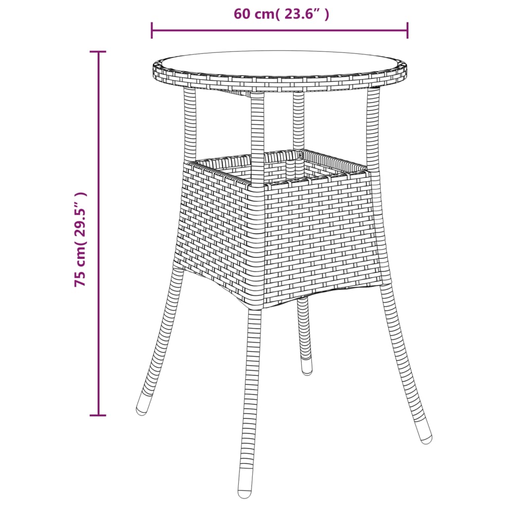 vidaXL Stolik ogrodowy, Ø60x75 cm, szkło i rattan PE, brązowy
