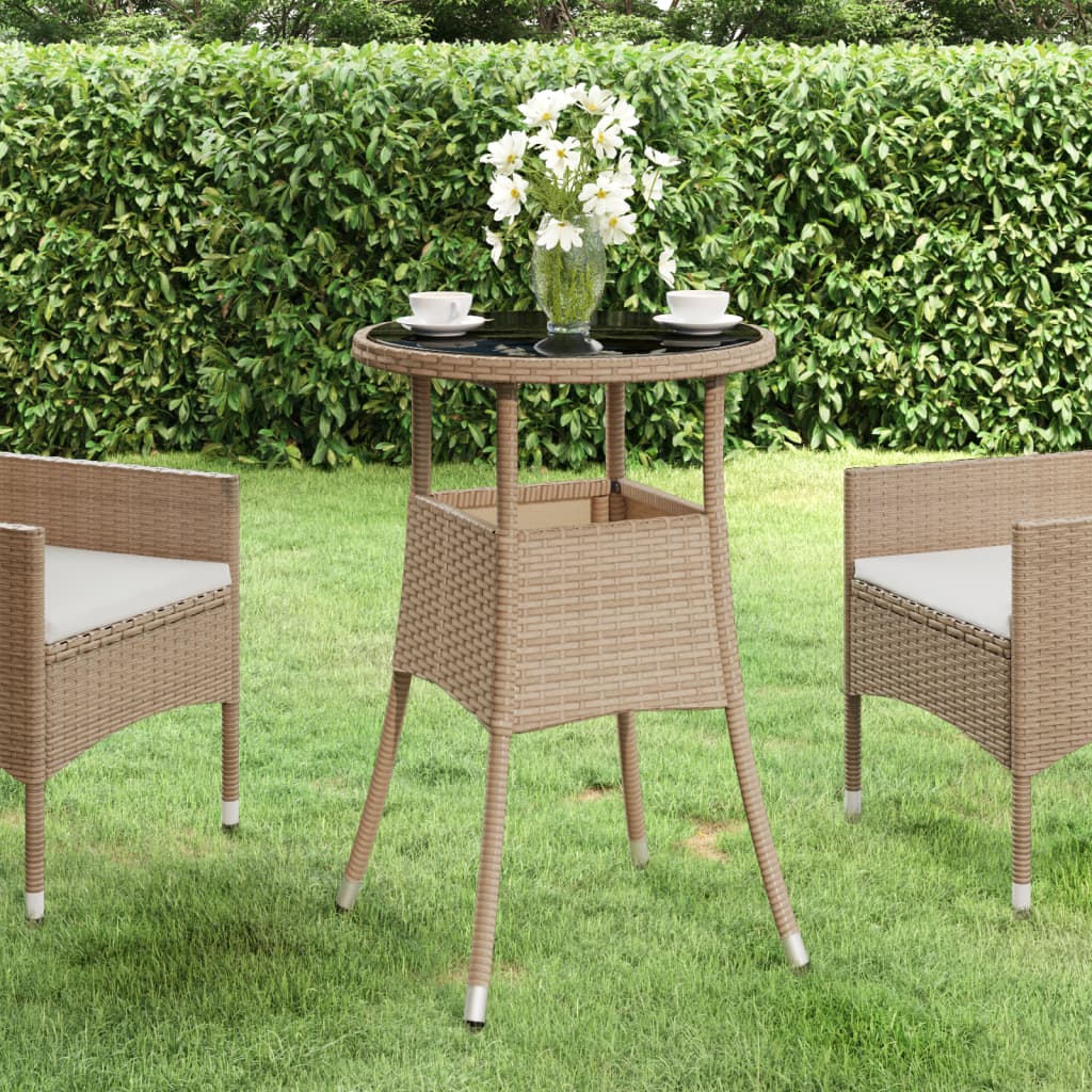 vidaXL Stolik ogrodowy, Ø60x75 cm, szkło hartowane i rattan PE, beżowy