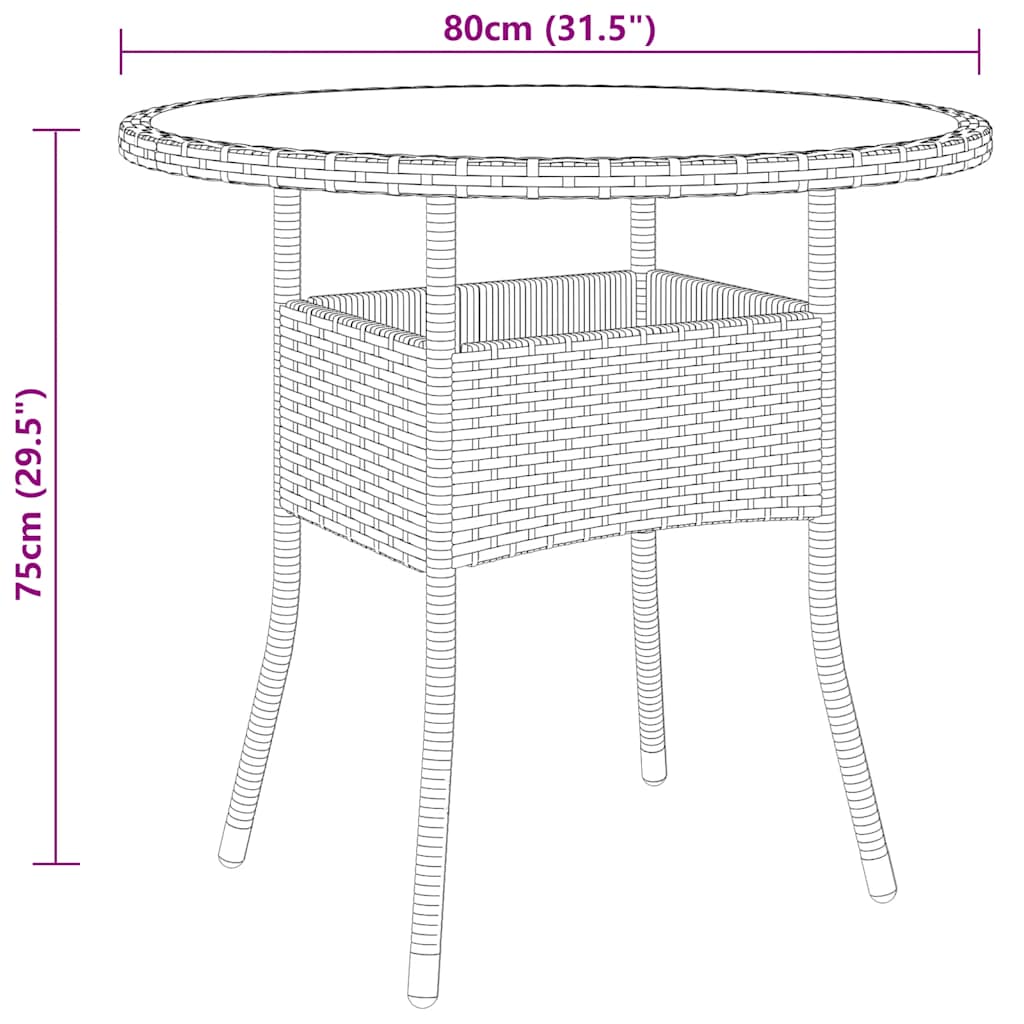 vidaXL Stolik ogrodowy, Ø80x75 cm, szkło hartowane i rattan PE, czarny