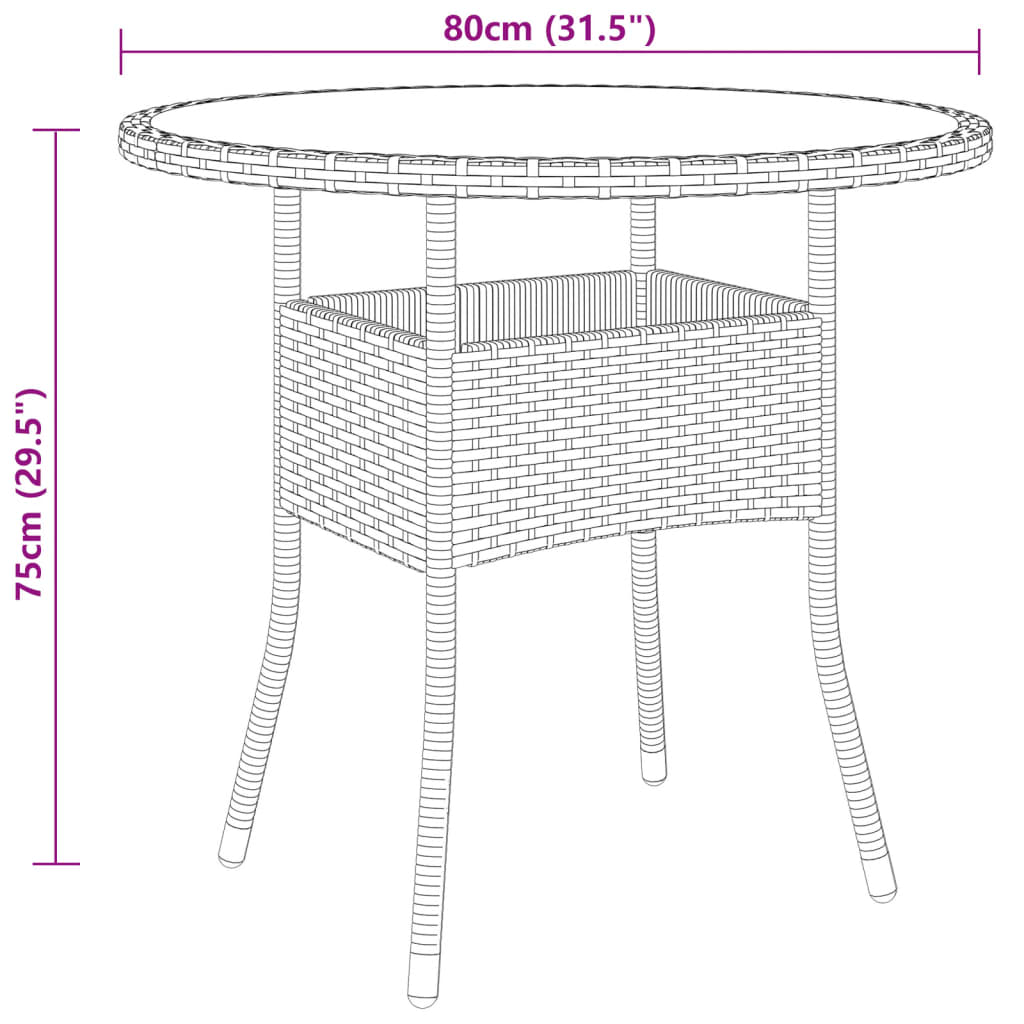 vidaXL Stolik ogrodowy, Ø80x75 cm, szkło i rattan PE, brązowy