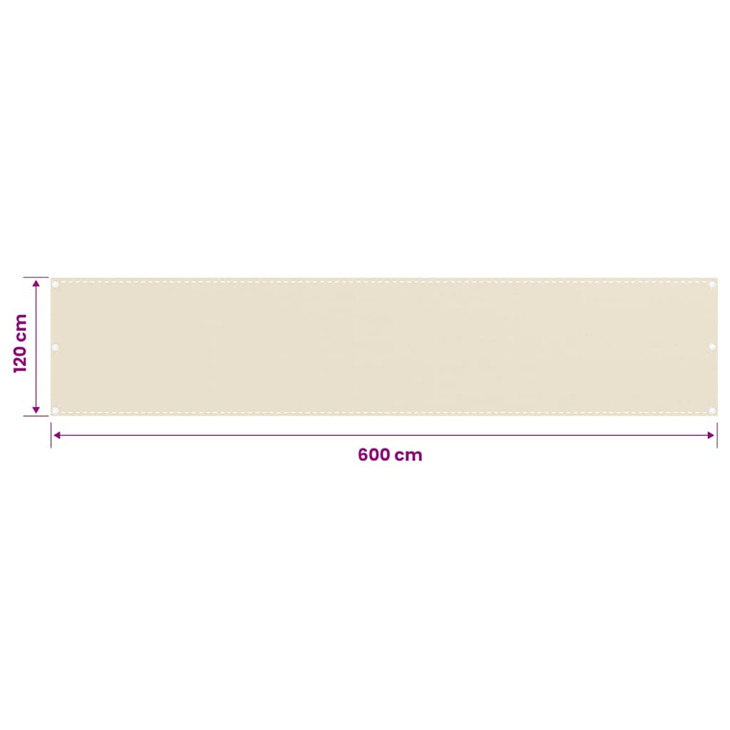 vidaXL Parawan balkonowy, kremowy, 120x600 cm, HDPE