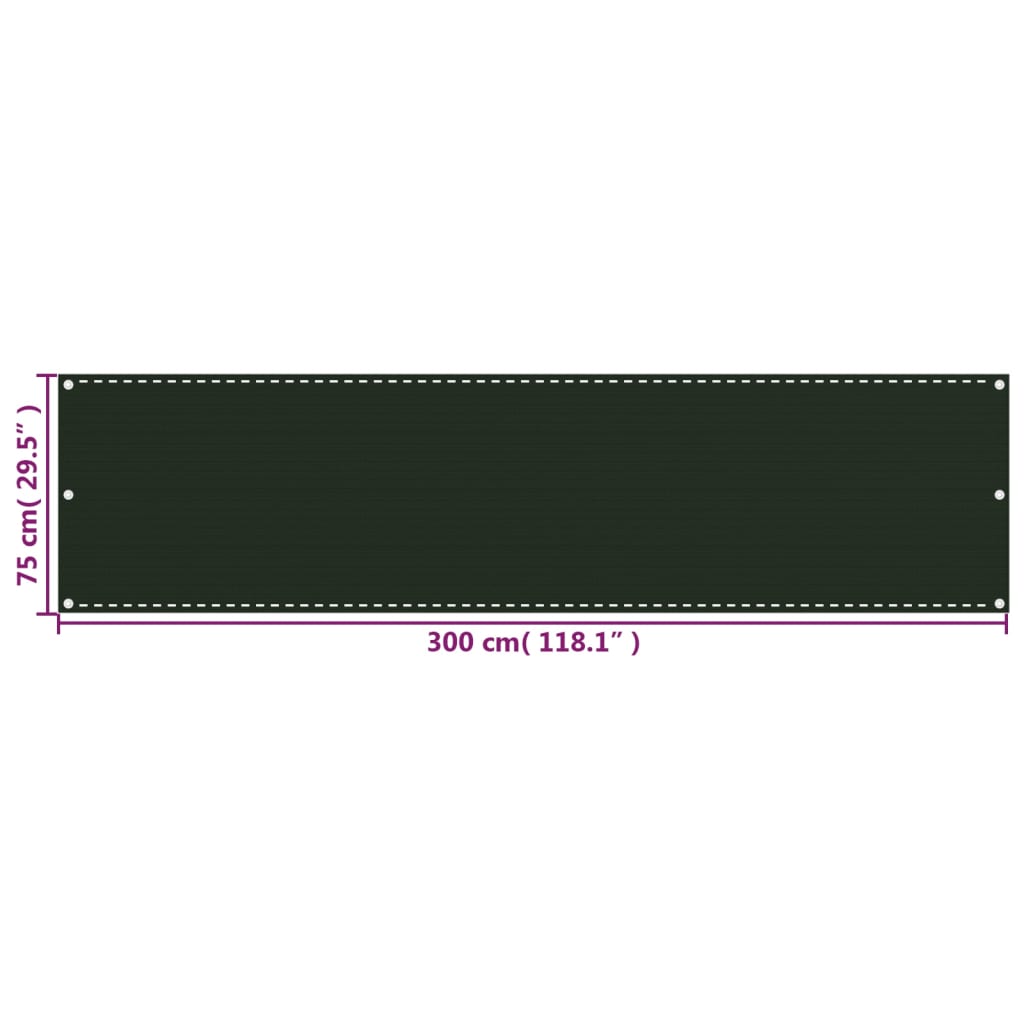vidaXL Parawan balkonowy, ciemnozielony, 75x300 cm, HDPE