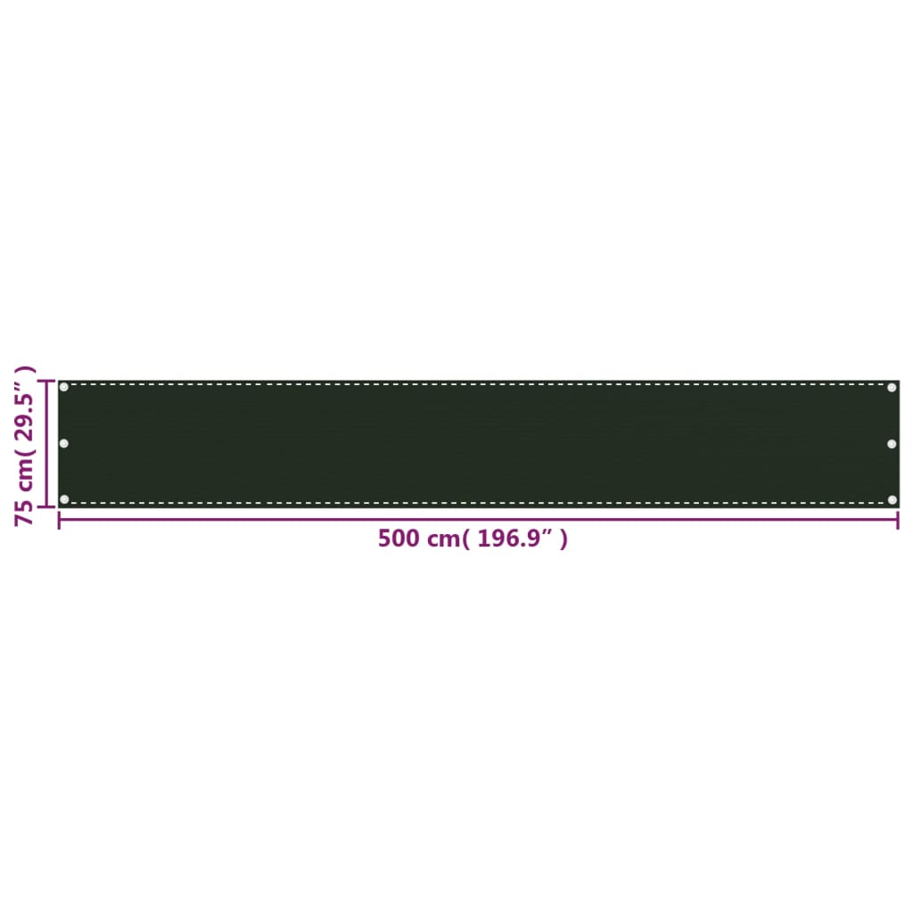 vidaXL Parawan balkonowy, ciemnozielony, 75x500 cm, HDPE