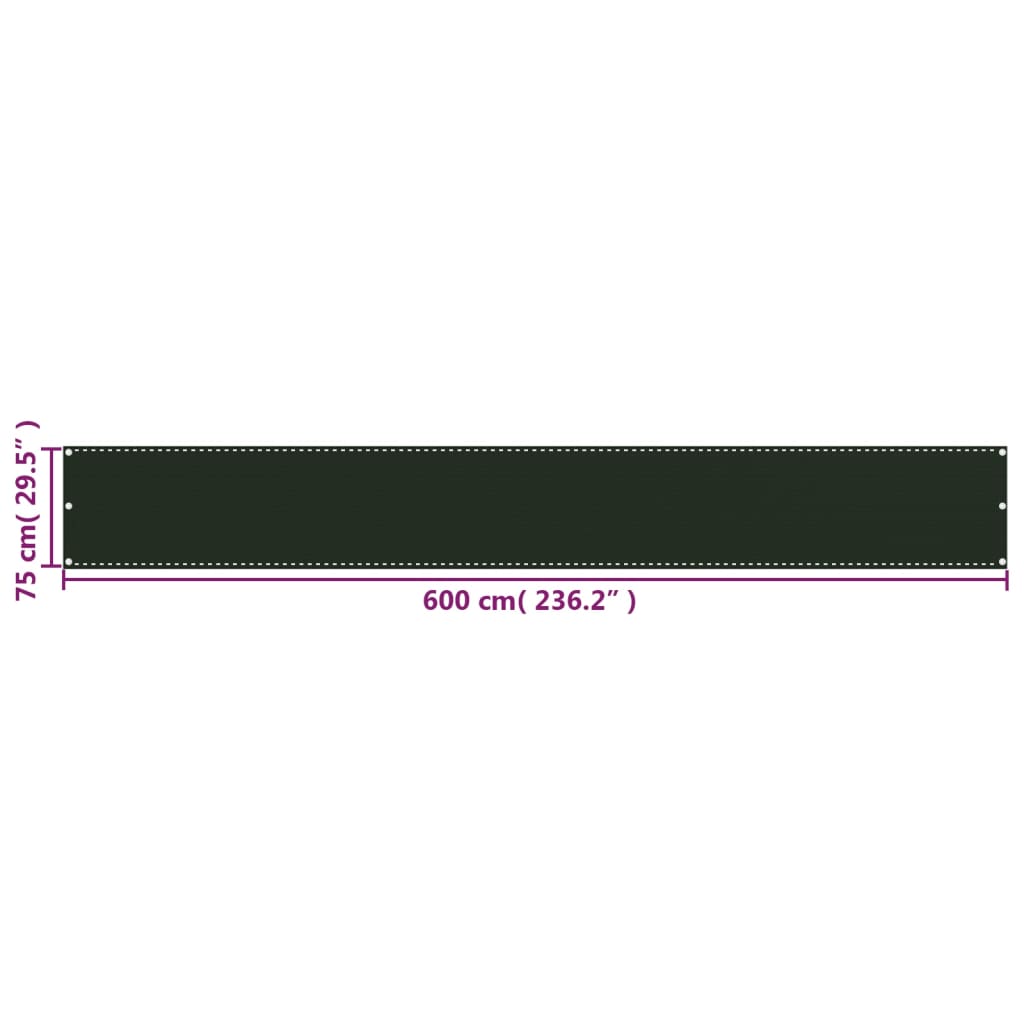 vidaXL Parawan balkonowy, ciemnozielony, 75x600 cm, HDPE
