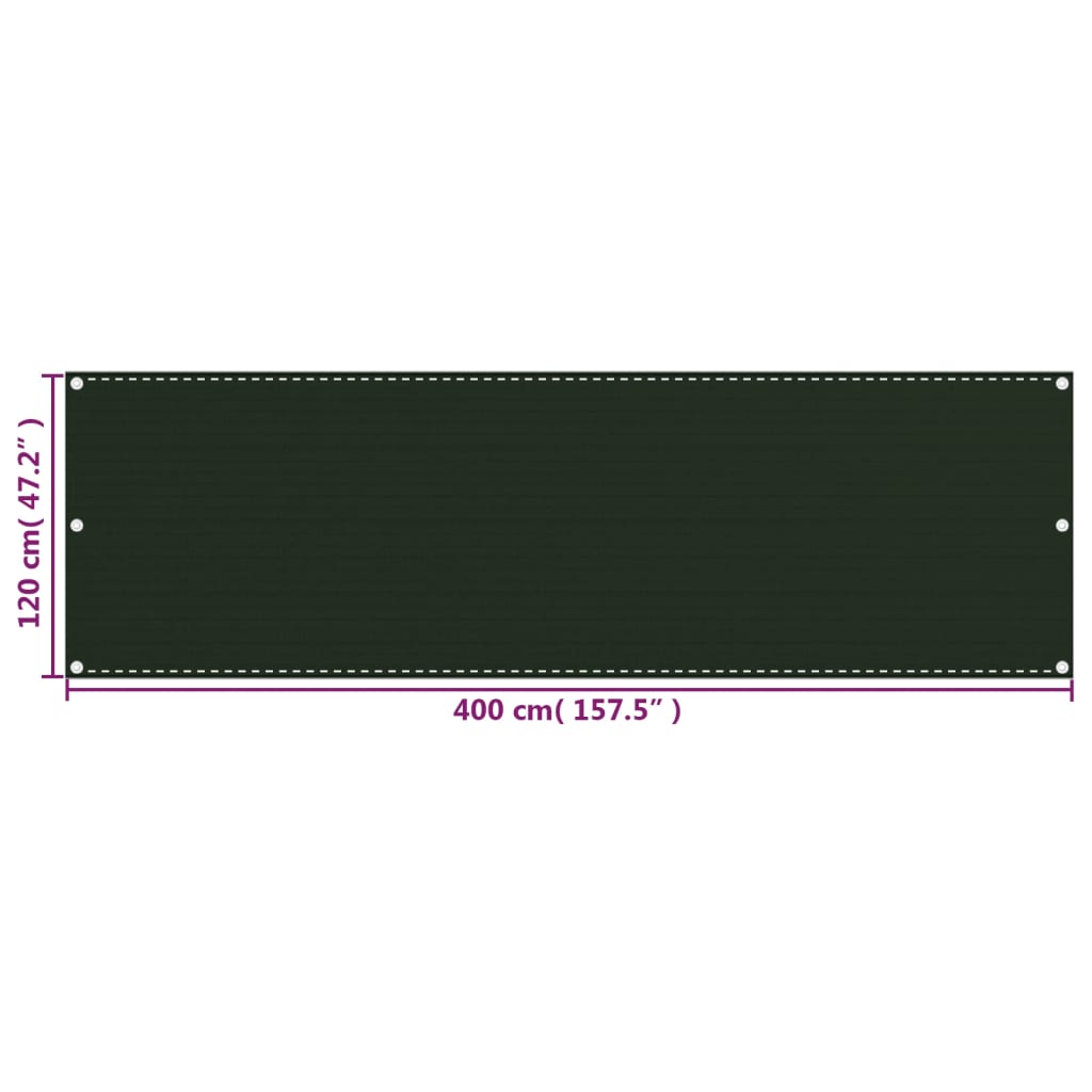 vidaXL Parawan balkonowy, ciemnozielony, 120x400 cm, HDPE