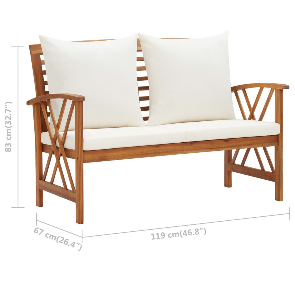 vidaXL Ławka ogrodowa z poduszkami, 119 cm, lite drewno akacjowe