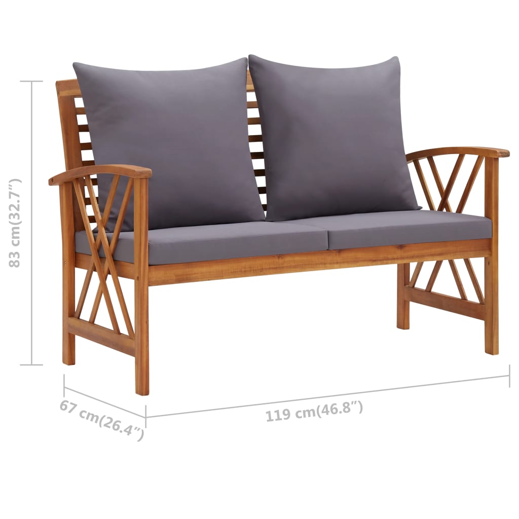 vidaXL Ławka ogrodowa z poduszkami, 119 cm, lite drewno akacjowe