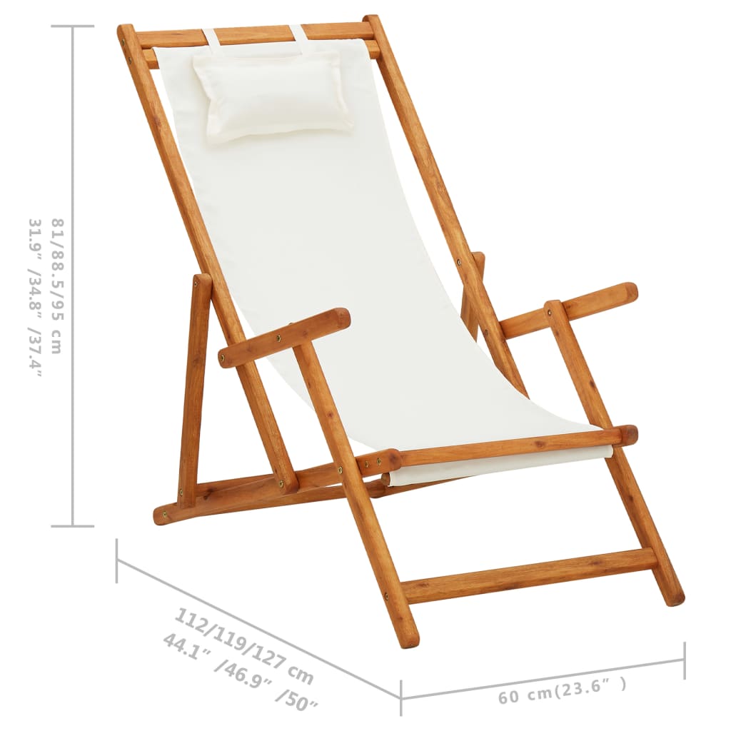vidaXL Składany leżak, lite drewno eukaliptusa i kremowa tkanina