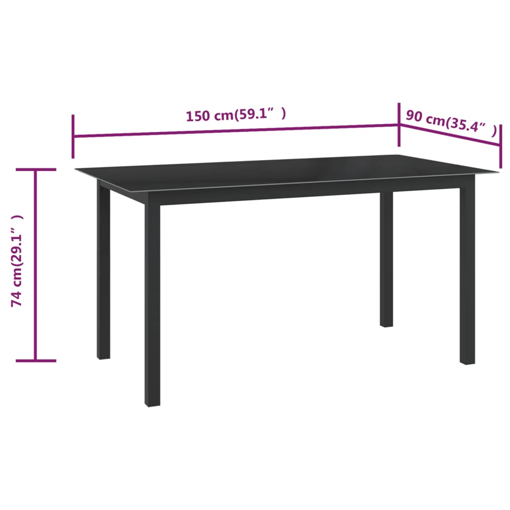 vidaXL Stół ogrodowy, czarny, 150x90x74 cm, aluminium i szkło