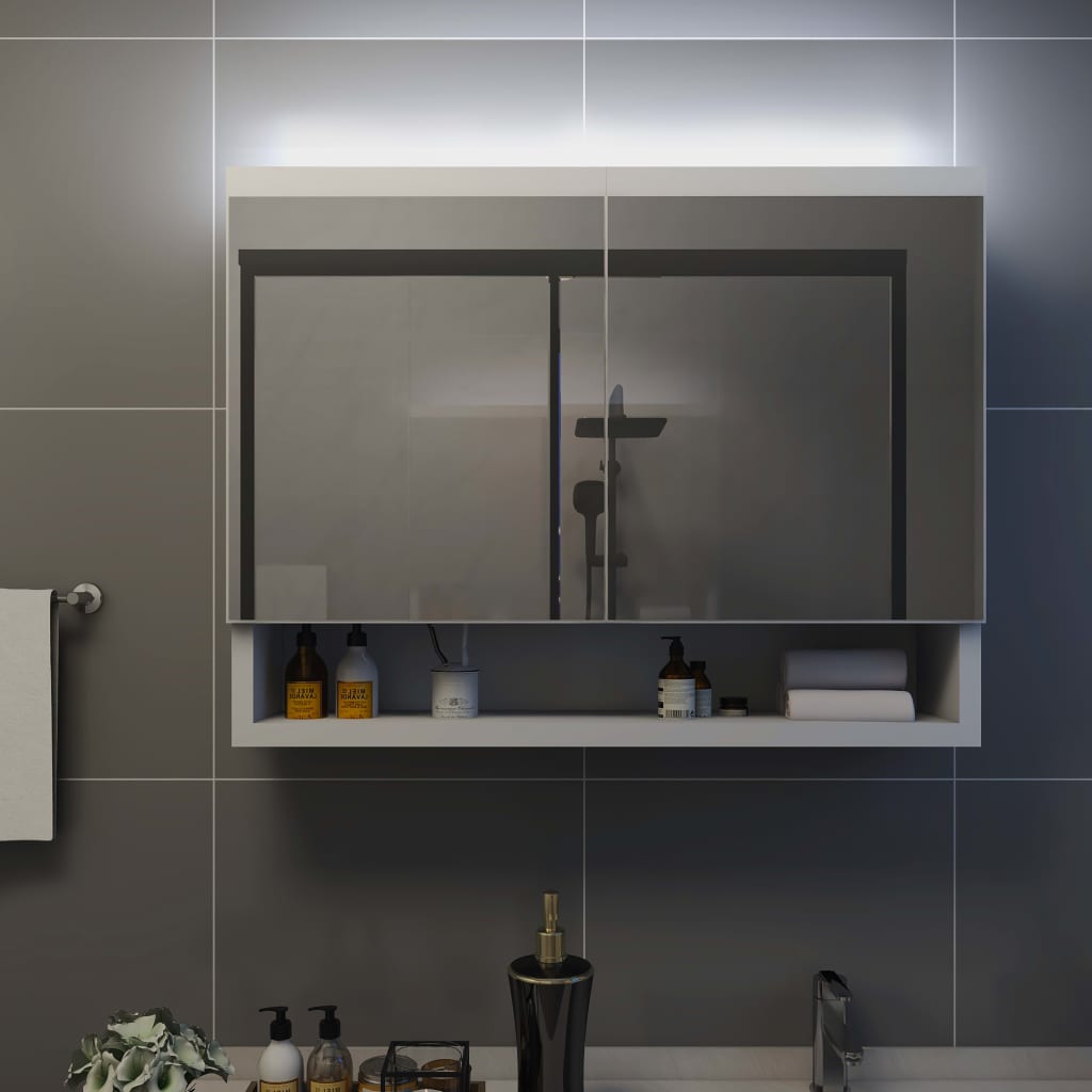 vidaXL Szafka łazienkowa z lustrem i LED, biała, 80x15x60 cm, MDF