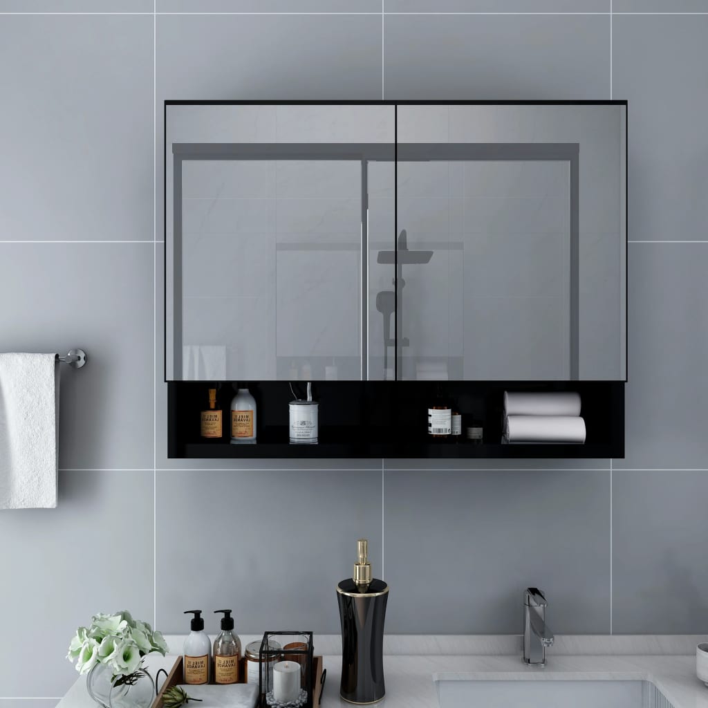 vidaXL Szafka łazienkowa z lustrem i LED, czarna, 80x15x60 cm, MDF