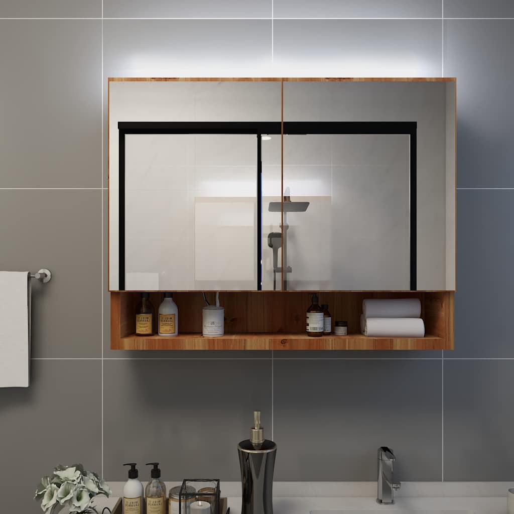 vidaXL Szafka łazienkowa z lustrem i LED, kolor dębowy 80x15x60 cm MDF