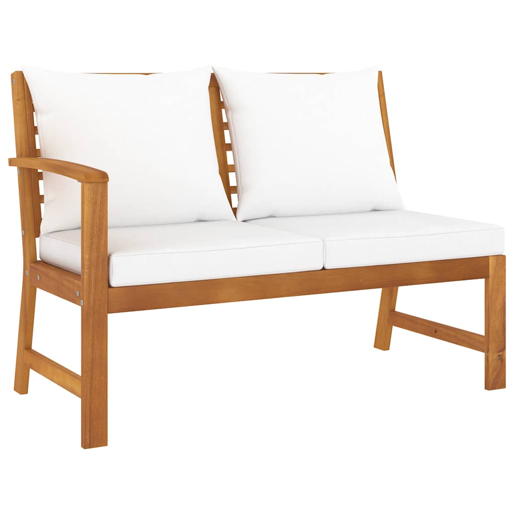 vidaXL Ławka ogrodowa, 114,5 cm, kremowe poduszki, drewno akacjowe