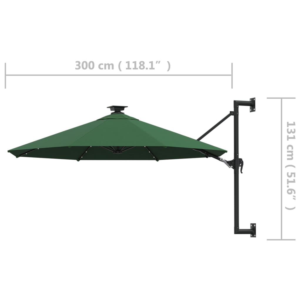 vidaXL Parasol ogrodowy z LED, ścienny, 300 cm, zielony
