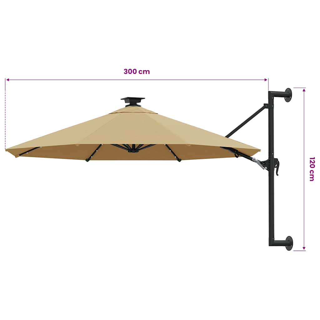 vidaXL Parasol ogrodowy z LED, ścienny, 300 cm, taupe