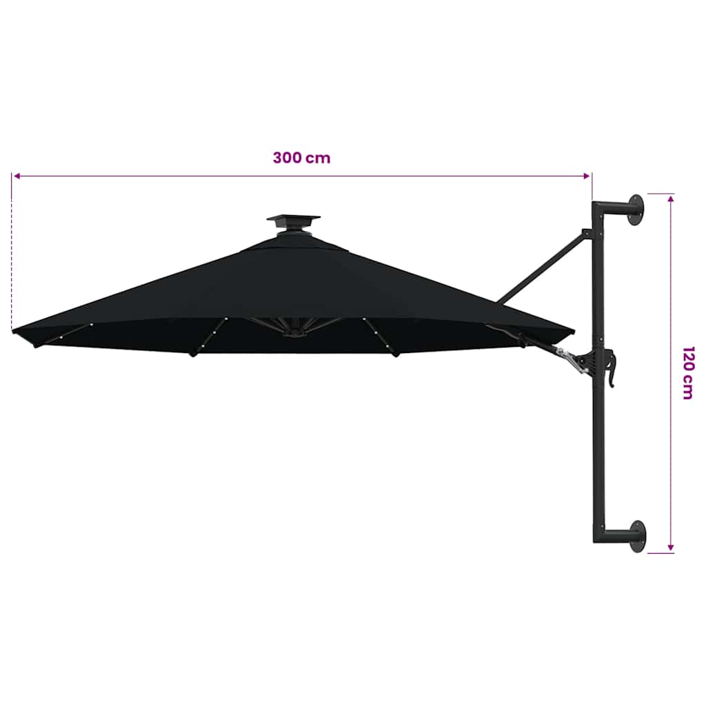 vidaXL Parasol ogrodowy z LED, ścienny, 300 cm, czarny