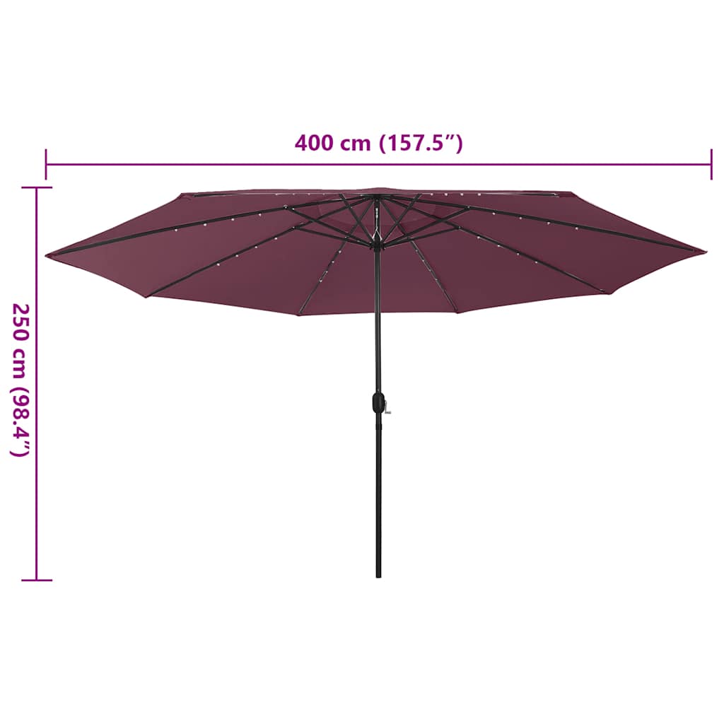vidaXL Parasol ogrodowy z LED, 400 cm, bordowy