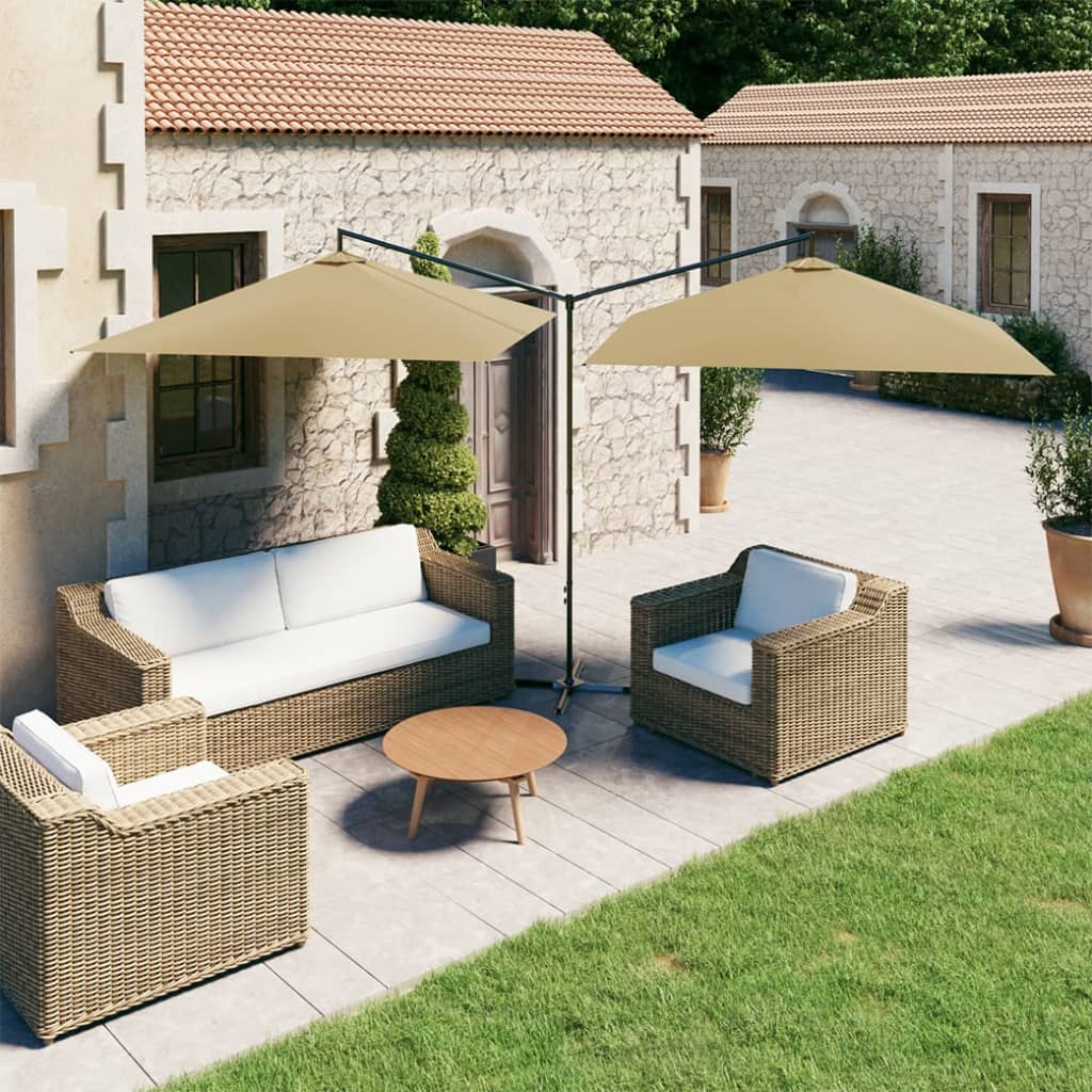 vidaXL Podwójny parasol ogrodowy, stalowy słupek, taupe, 600x300 cm