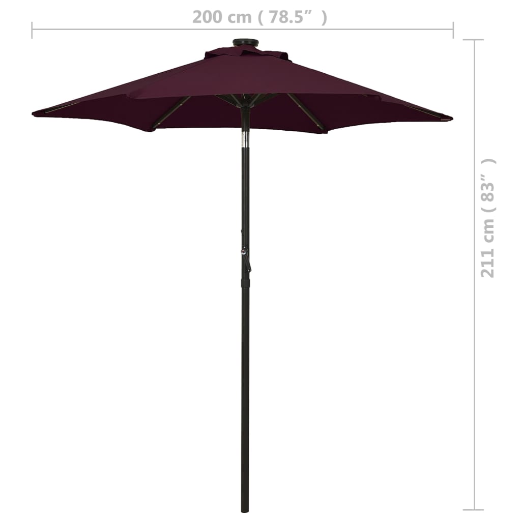 vidaXL Parasol ogrodowy z LED, bordowy, 200x211 cm, aluminium