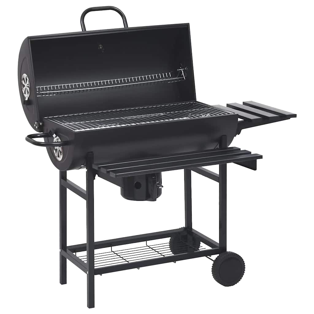 vidaXL Grill beczkowy z kółkami i półkami, czarny, stal, 115x85x95 cm
