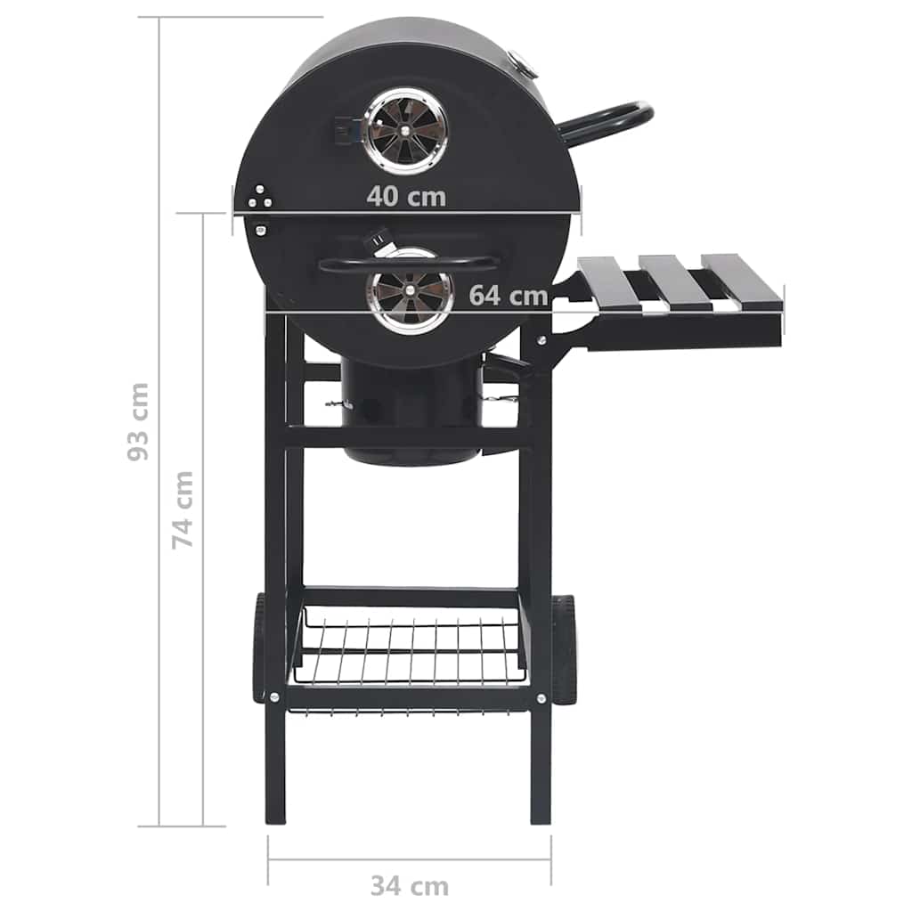 vidaXL Grill beczkowy z kółkami i półkami, czarny, stal, 115x85x95 cm