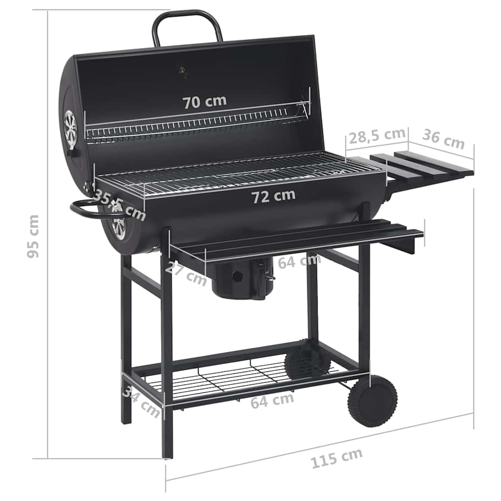 vidaXL Grill beczkowy z kółkami i półkami, czarny, stal, 115x85x95 cm