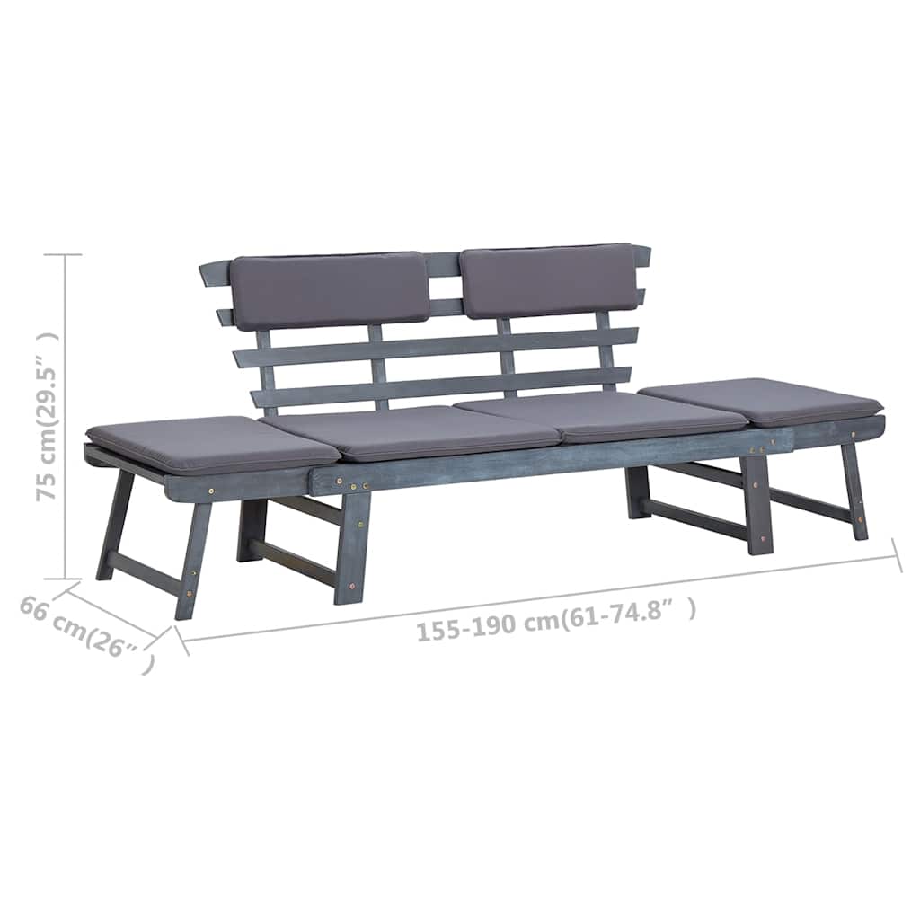 vidaXL Ławka ogrodowa z poduszkami, 2-w-1, 190 cm, szara, akacjowa