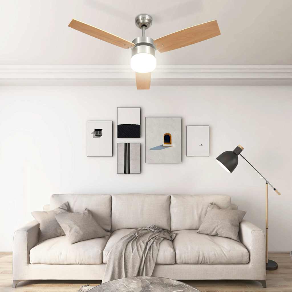 vidaXL Wentylator sufitowy z lampą i pilotem, 108 cm, jasnobrązowy