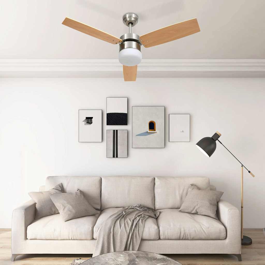 vidaXL Wentylator sufitowy z lampą i pilotem, 108 cm, jasnobrązowy