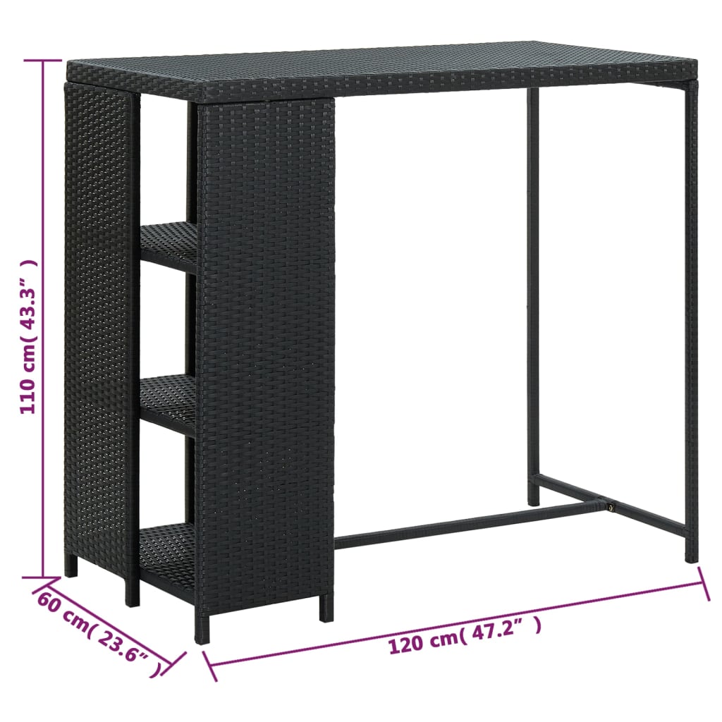 vidaXL Stolik barowy z półką, czarny, 120x60x110 cm, polirattan