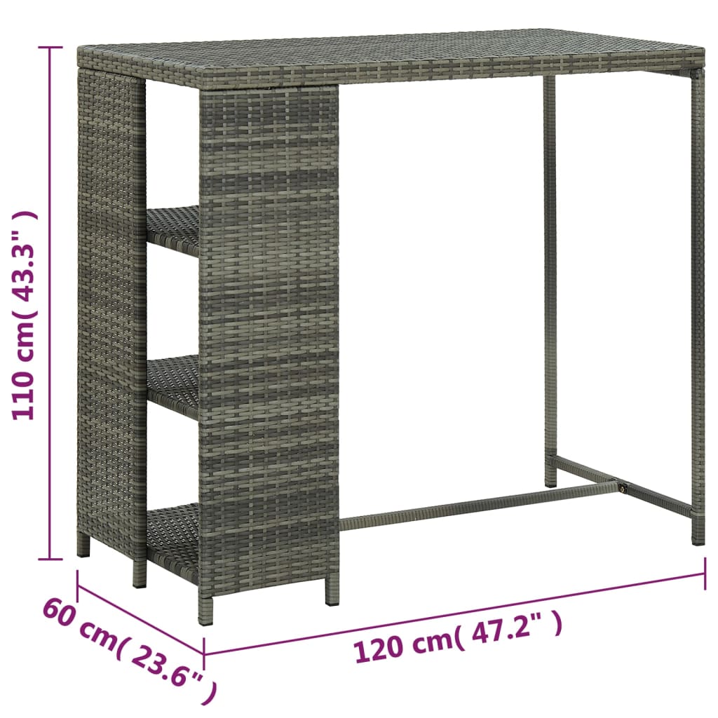 vidaXL Stolik barowy z półką, szary, 120x60x110 cm, polirattan